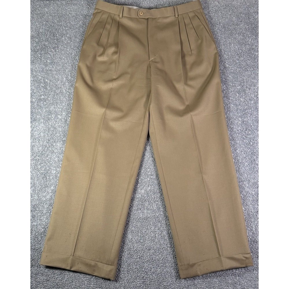 Zanella Dress Pants Khaki Alter 100%‎ Wool Pleated Cuffed Trousers Men's 36x29